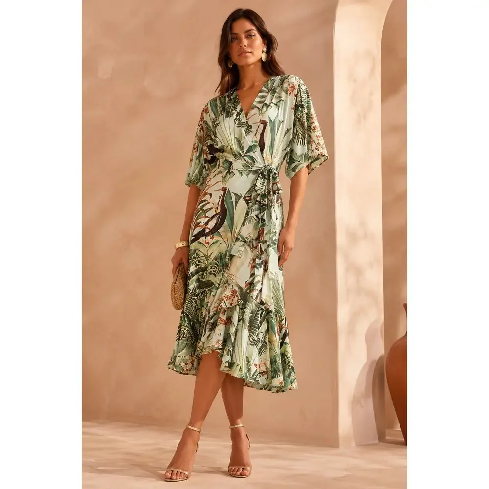 PatBO Eden Midi Flouncy Hem Wrap Dress Green Summer Vacation Womens Size 6
